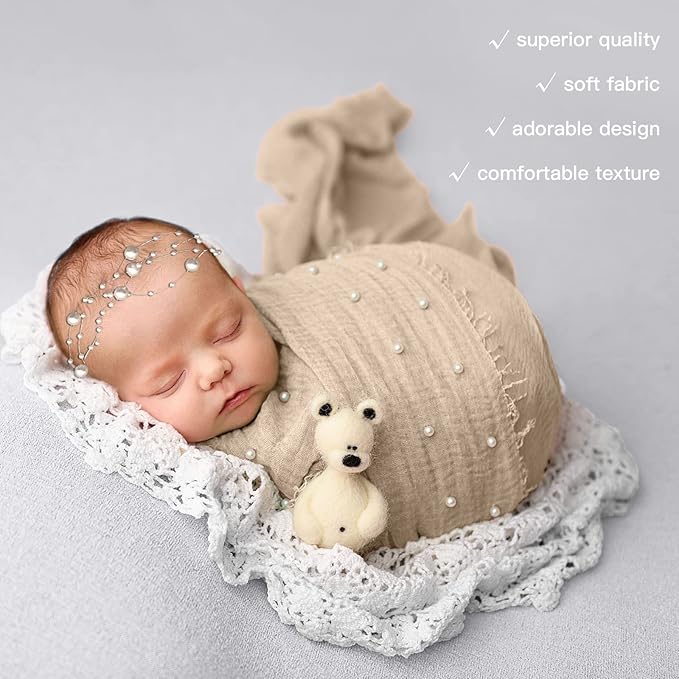 SPOKKI 2 PCS Baby Props Photography Wrap Kit, Newborn Photography Props, Handmade Pearl Wrap Blanket for Baby Photo Props with Pearl Headband, 35.5 X 67 inch Newborn Outfits for Photography (Beige)