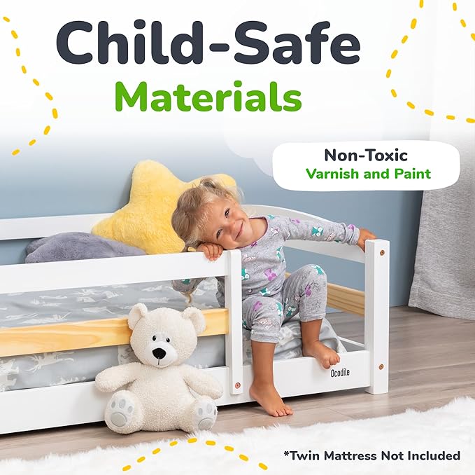Ocodile Twin Floor Bed with Safety Guardrails for Kids, Montessori Inspired with Rails and 2 Openings, Twin Size Bed Frame for Girls and Boys - White