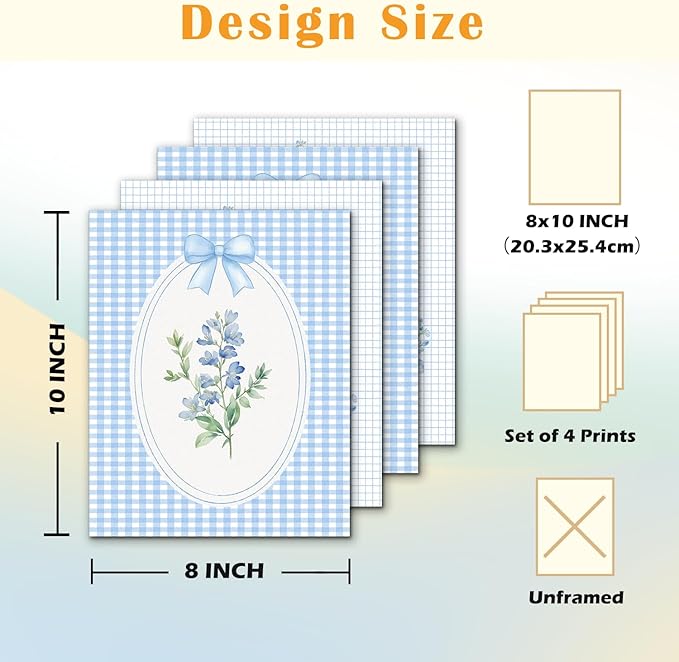 JINYO Preppy Coquette Blue Bow Flower Wall Art Prints Set of 4, Coquette Room Decor, Cottagecore Blue Wildflower Botanical Posters Pictures Wall Decor for Girls Bedroom Home, 8x10 Unframed