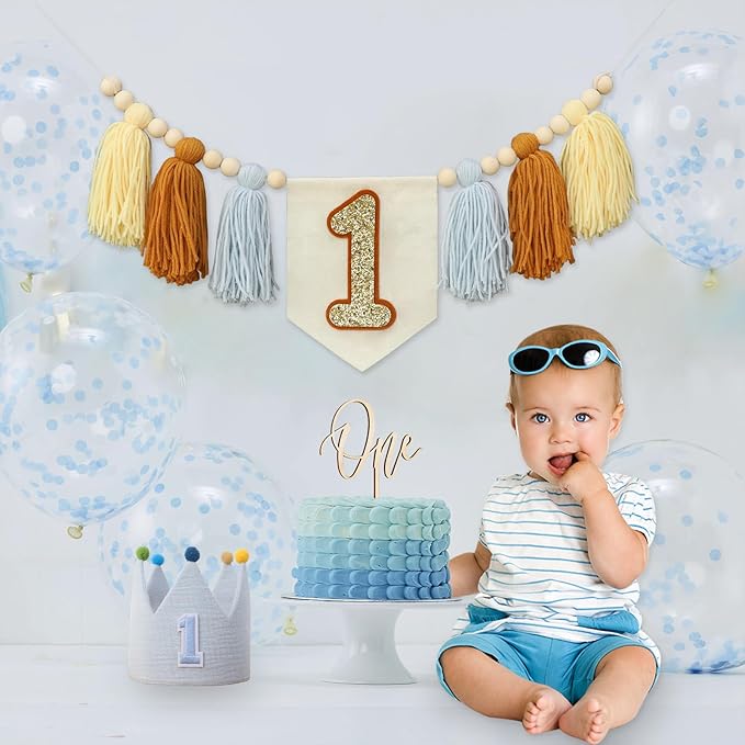 Baby 1st Birthday Party Decorations For Handmade Blue Tassel Garland Highchair Banner With Cake Topper Crown Hat