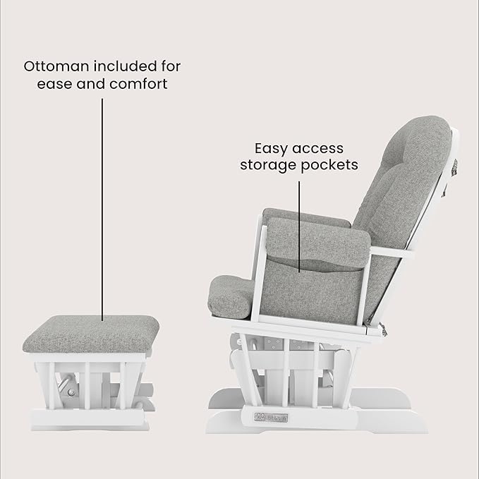 Child Craft Cozy Glider Rocker and Ottoman Set, Padded Cushion with Convenient Storage Pockets, Solid Wood Base & Frame (Matte White with Gray Cushion)