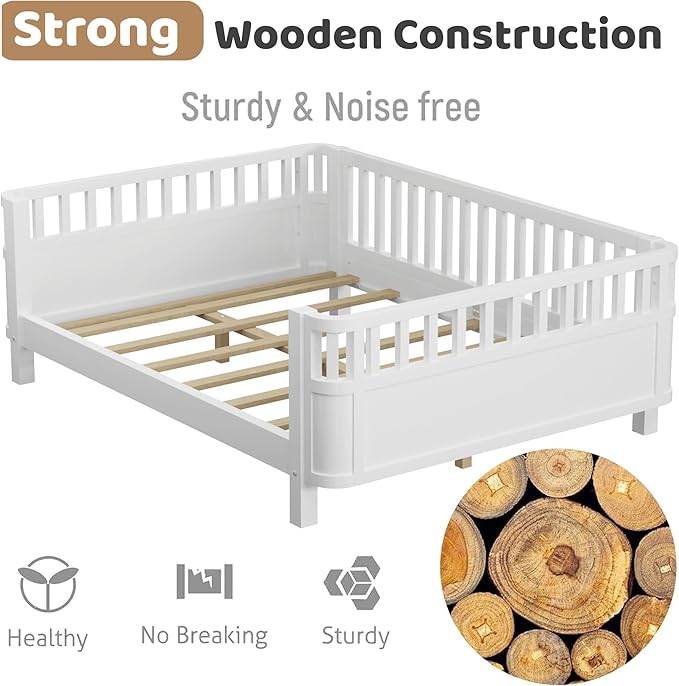 Full Size Kids Bed with Rails, Wood Montessori FloorBed Full with Slats Support, Modern Daybed Low to Ground for Girls Boys Bedroom Living Room, White