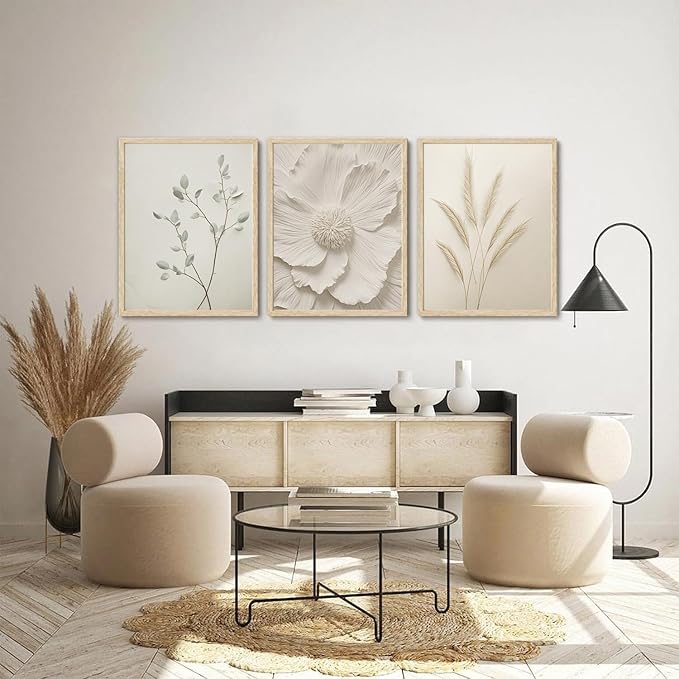 CHMMART 3 Piece Neutral Botanical Framed Wall Art Beige Floral Canvas Art Prints Minimalist Flower Pictures Wall Decor Boho Painting Artwork for Living Room Bedroom Bathroom 16x20in