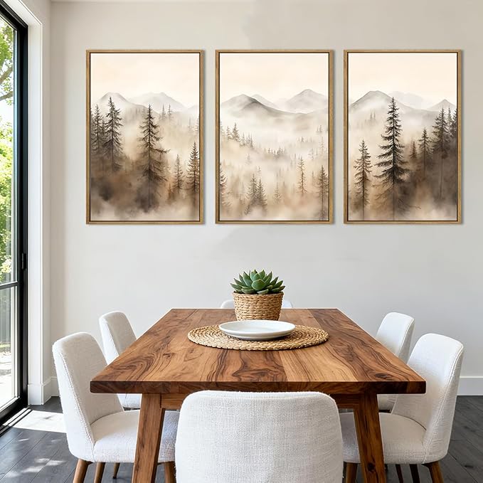 IARTTOP Large Mountain Forest Framed Canvas Wall Art 16x24 Inch Set of 3 Abstract Misty Woodland Painting Modern Farmhouse Art Prints for Living room Dining room