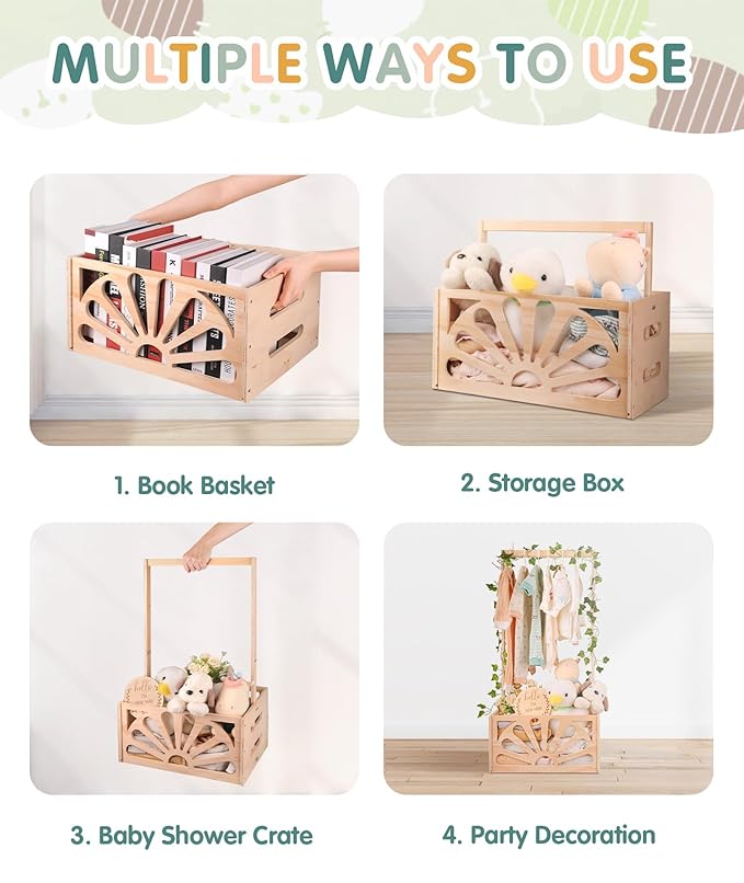 Wooden Baby Shower Crate Closet-Baby Shower Basket with Handle Hanger Rack String Lights Welcome Gift Basket Wooden Crate for Baby Shower Newborn Boys Girls Pregnancy Gifts for New Parents X-Large