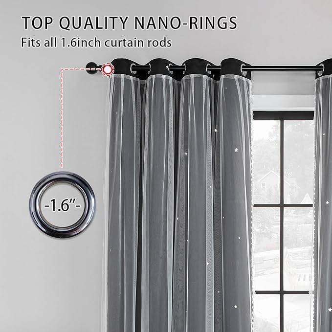 XiDi Black Curtains for Bedroom 84 Inches Long 2 Panels Set Blackout Double Layer Drapes for Nursery Kids Bedroom Star Cut Out Wall Home Decor Grommet Curtains for Living Room Darkening 34 Inch Wide