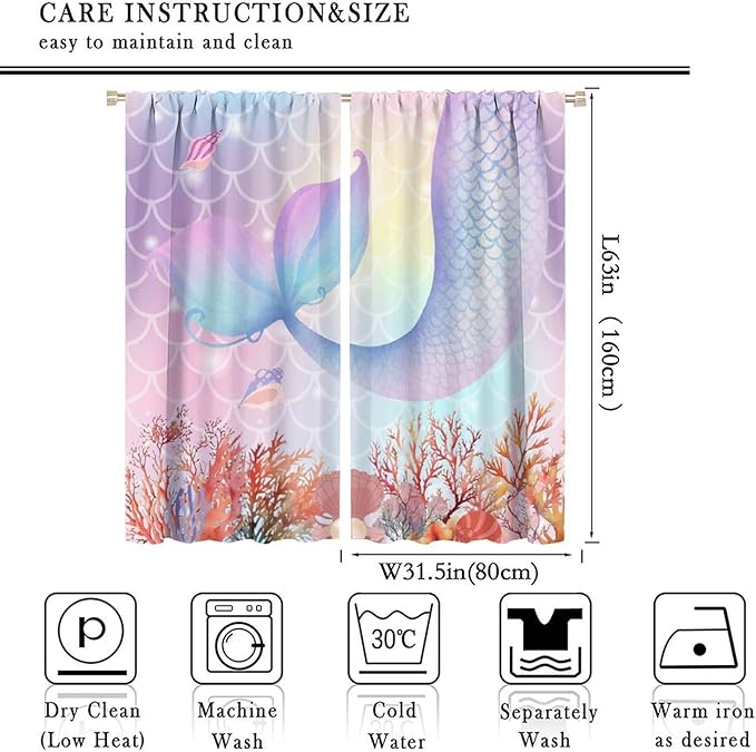 Dream Mermaid Curtains Colorful Mermaid Fish Tail Scale Fantasy Ocean Theme Beautiful Kids Window Treatment for Girls Bedroom Nursery Room Decor Rod Pocket Window Drapes 63x63in