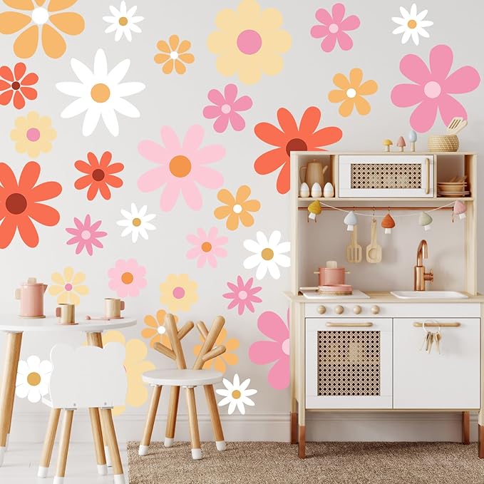 TaoBary 12 Sheets Daisy Wall Decal Flower Wall Sticker Cute Daisy Sticker Pink White Flower Decal Peel and Stick Floral Wallpaper for Nursery Bedroom Home Decor(Bright Color,Bright Style)