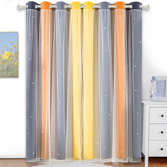 Kinryb Nursery/Kids/Girls Room Star Cut Out Blackout Rainbow Curtain with Sheer Overlay 2 Panels, Each 52 inch Wide,108 inch Length with White Gauze,Ombre Stripe Rainbow Curtains (2 Pcs,52x108 Inch)