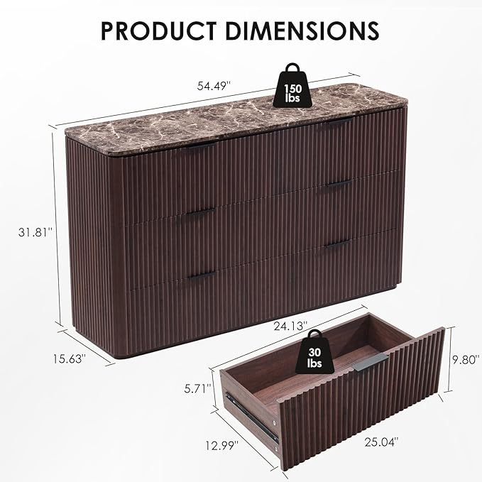 Fluted 6 Drawer Dresser for Bedroom, 54.5" Wide Modern Chest of Drawers with Faux Marble Top, Curved Corners Design, Wooden Dresser TV Stand with Organizer Storage for Living Room, Dark Oak