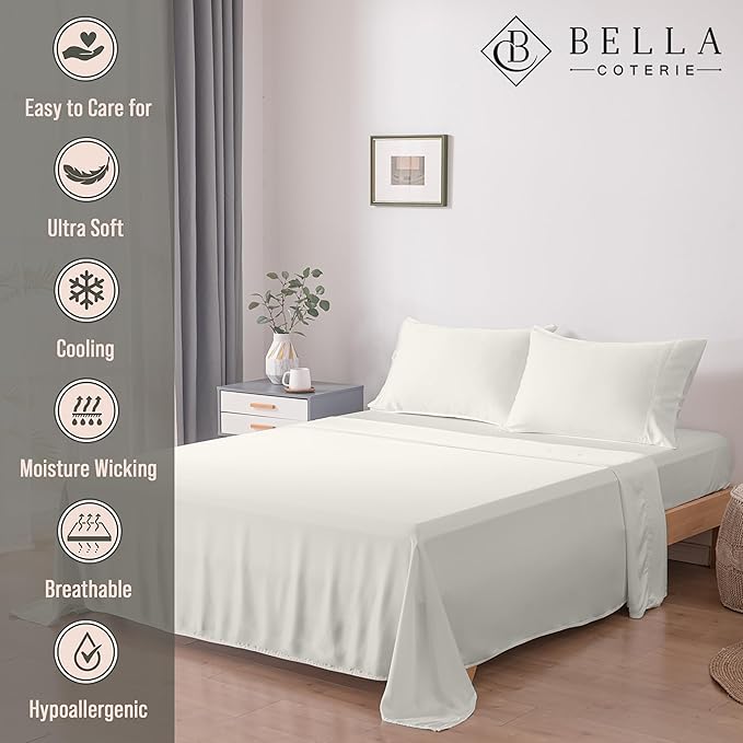 Bella Coterie Luxury Bamboo Viscose Split King Size Sheet Set | 2 Fitted Sheets for Sleep Number & Adjustable Beds | 100% Organically Grown | Cooling & Ultra Soft | 18” Deep Pocket [Ivory]