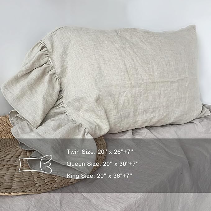 Nature Linen Ruffled Pillowcase, 100% French Linen Pillow Cover, 20x30'' Queen Size 1 Pack Farmhouse Pillow Case, with Decorative Ruffle Envelope Closure (Queen, Flax, 1 PCS)