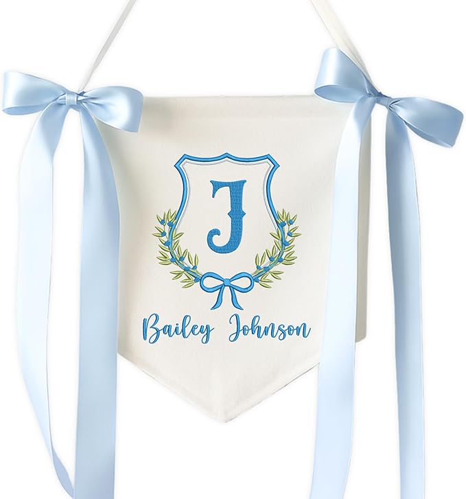 Embroidered Baby Name Sign Personalized Baby Announcement Sign Newborn Baby Banner with Bows Baby Hospital Name Sign Canvas Hanging Pennant Flag Custom Infant Baby Name Baby Shower Banner (15)