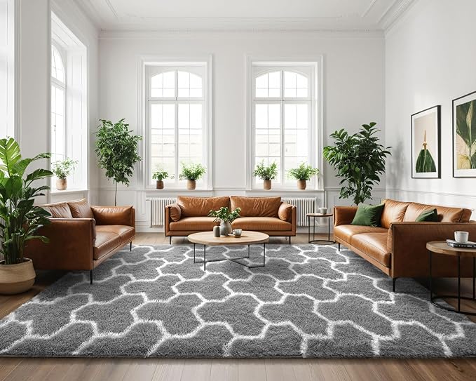 EVOIONOS 5x8 Washable Large Area Rug Living Room, Fluffy Shag Rug Bedroom Ultra Soft Plush Non Slip Carpet Indoor Floor Bedside Nursery Kids Girls Room Dorm Home Decor Aesthetic Grey White Geometric