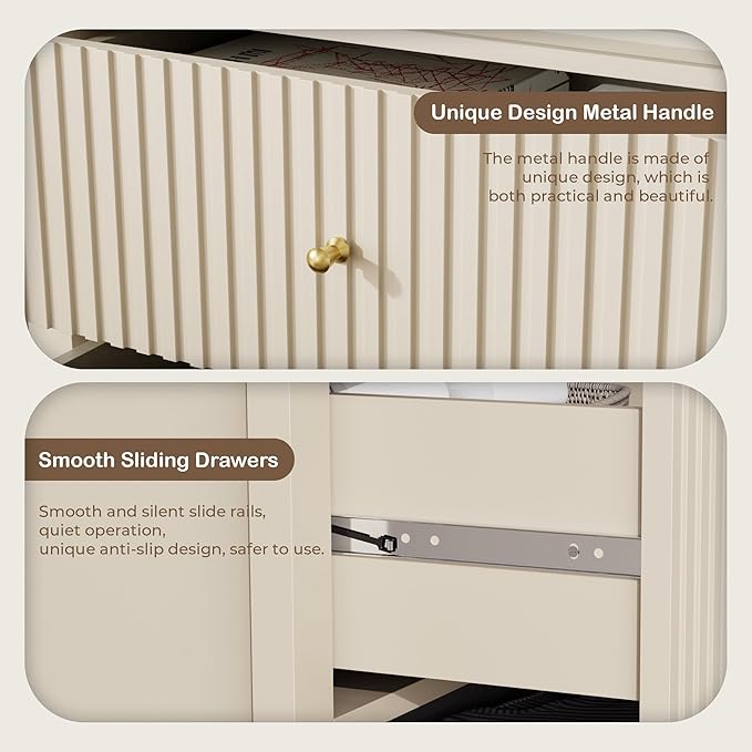 Beige Dresser for Bedroom, 6 Drawers Fluted Chest of Drawers with Storage, Modern Wide Storage Dresser with Paint Design, Wood Drawer Organizer Beige Dressers for Entryway, Hallway