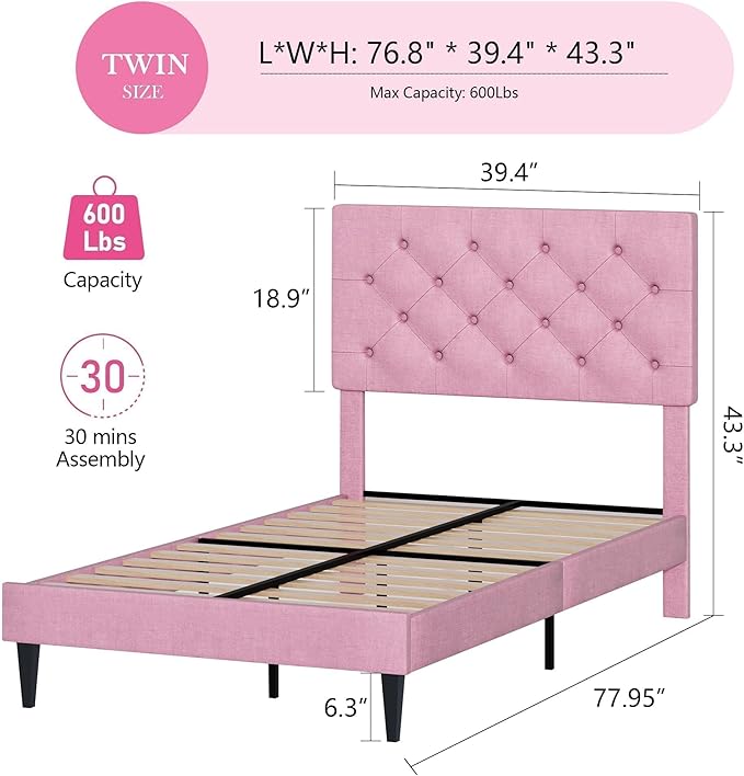 BarnFurin Twin Bed Frames with Button Tufted Headboard, Linen Upholstered Platform Bed with Wooden Slats Support, Princess Bed Frame for Girls, Easy Assembly, No Box Spring Required, Pink