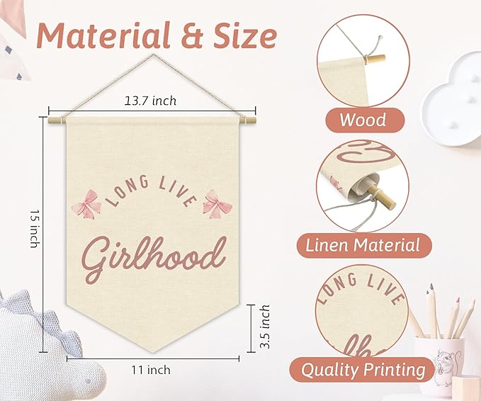 Girls Room Decor, Long Live Girlhood Girl Nursery Linen Canvas Banner, Coquette Pink Bow Wall Hanging Pennant Flag Banner for Girl Nursery Room Bedroom Dorm Decor, 15x11in