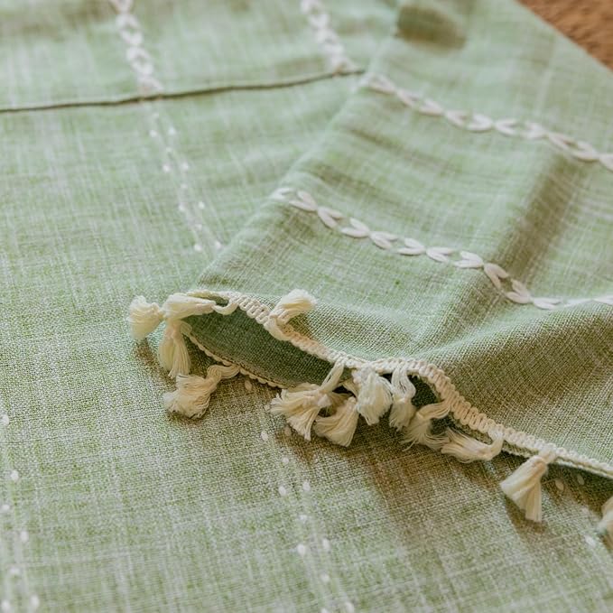 Deeprove Sage Green Boho Curtains 90 inches Length for Living Room Bedroom Nursery, Vintage Chic Bohemian 90 inches Long Embroidery Farmhouse Tassel Privacy Window Treatments W52 x L90, 1 Panel