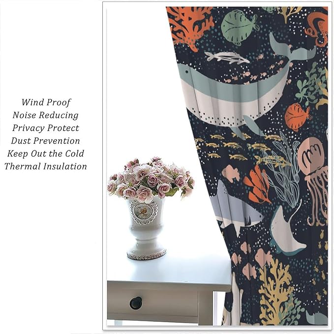 Sea Animals Curtain Cartoon Fish，Undersea Cute Whales Dolphin Underwater Wild Life Blue Ocean Boys Girls Waterproof Polyester Fabric Bedroom Decoration Set 2 Panels,55x63 Inches