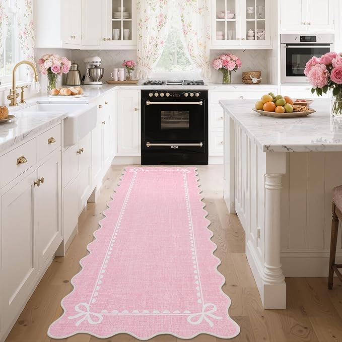 GarveeHome Scalloped Bow Rug for Living Room, Solid Pink Rug for Dorm, Washable Runner Rug 2.5x10 Soft Low Pile Non Slip Scalloped Rugs for Nursery Bedroom Decor Hallway Entryway Playroom