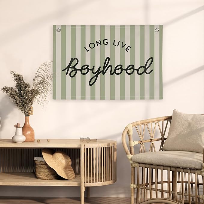 Long Live Boyhood Linen Banner Hanging Vintage Sage Green Stripes Flag Banner for Nursery Playroom Wall Decor for Kids Bedroom Living Room Dorm Toddler Decorations Trendy Room 30x20 boyroom
