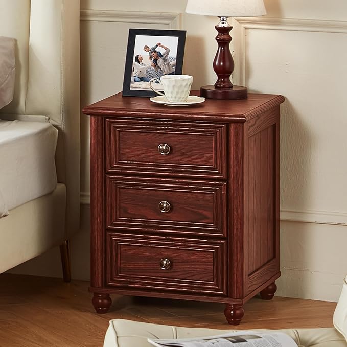 18" Farmhouse Night Stand, Red Oak Wood Nightstand with 3 Drawers, Bedside End Table with Storage and Roman Column, Bed Side Tables Cabinet for Bedroom, Living Room, and Closet