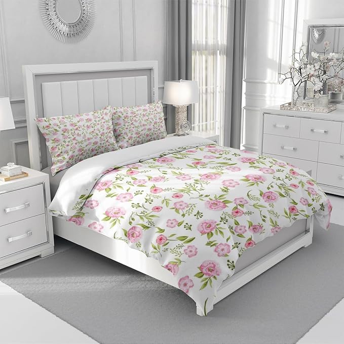 Floral Duvet Cover Queen Pink White Floral Bedding Sets Vintage Style Garden Flower Comforter Cover Boho Flower Botanical Duvet Cover Girls Women Aesthetic Queen Duvet Cover with Zipper Ties