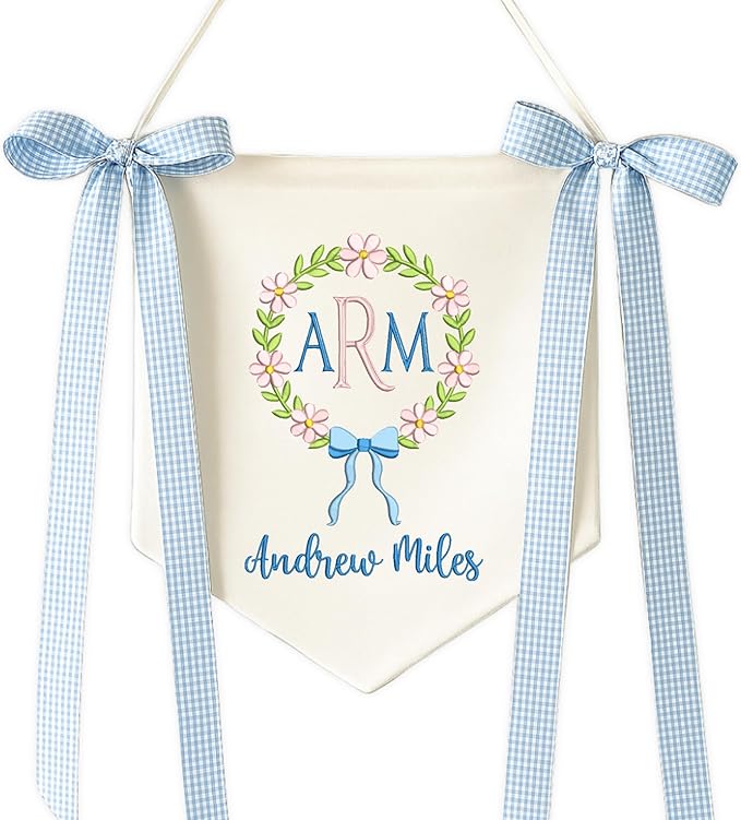 Embroidered Baby Name Sign with Bows Personalized Baby Announcement Sign Newborn Baby Banner Baby Hospital Name Sign Canvas Hanging Pennant Flag Custom Infant Baby Name Baby Shower Banner (11)