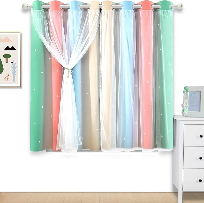 Kinryb Nursery/Kids/Girls Room Star Cut Out Blackout Rainbow Curtain with Sheer Overlay 2 Panels, Each 52 inch Wide,45 inch Length with White Gauze,Ombre Stripe Rainbow Curtains (2 Panels,52x45 Inch)