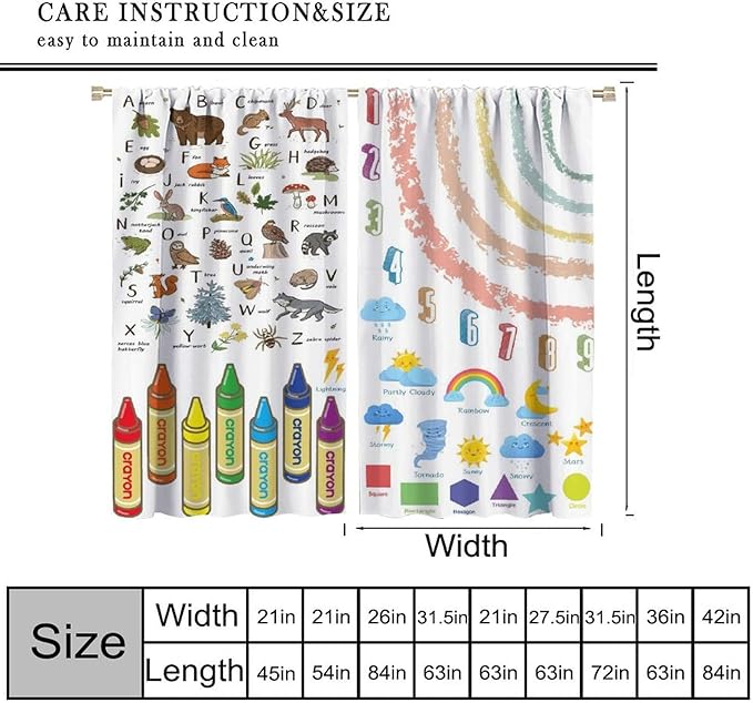 Kids Alphabet Curtain, Funny Cartoon Animal Rainbow Learning, Educational Boys Girls Children Printed Rod Pocket Blackout Window Treatments for Bedroom Living Room Nursery 52" W X 84" L