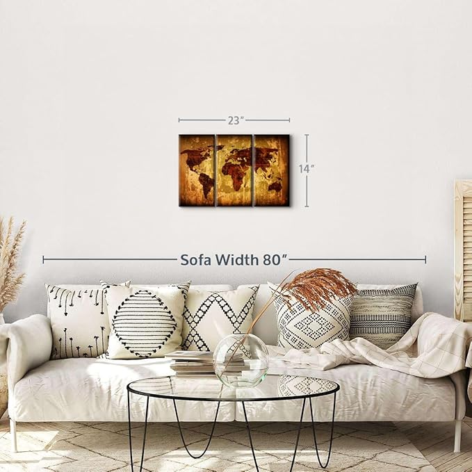 ElephantStock Vintage World Map Wall Art Multi Piece Canvas - 3 Piece Canvas World Map Wall Decor - Wall Decor - Ready-to-Hang Print - Vintage Wall Art - 23" X 14"