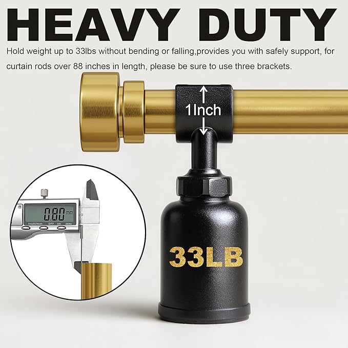 Gold Curtain Rods for Windows 28 to 48 Adjustable Modern Curtain Rod 1 inch Diameter Heavy Duty with Solid Metal Finials for Living Room Bedroom Farmhouse Outdoor Patio