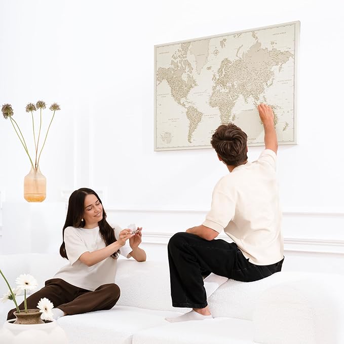 Canvas World Map with Cork Pin Board - English Lettering - Decorative Wall Decoration for All Rooms - Canvas Pictures with World Map Motif (120x80 cm, Pattern 9)