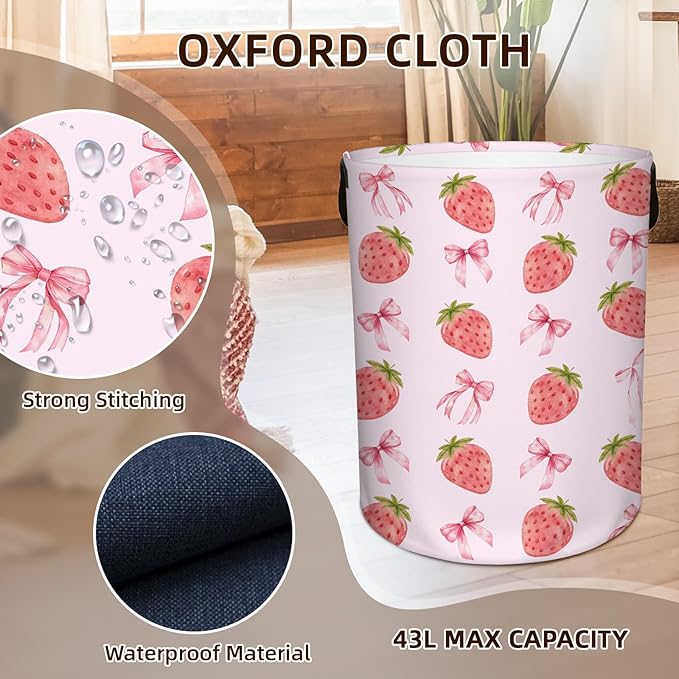 Strawberry Laundry Hamper, Waterproof Laundry Basket for Bedroom, 43L Collapsible Round Storage Bin with Handles for Toys, Storage Basket for Boys Girls, Strawberry Bathroom Decor 13.8x17.7 in