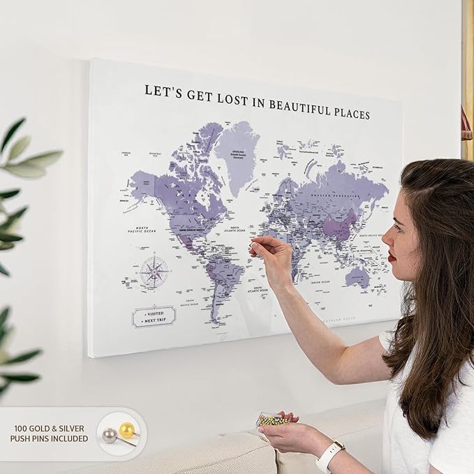 ElephantStock - Beautiful Places II Push Pin World Map Wall Art - Horizontal Canvas Wall Art - Living Room Wall Decor - Digital Art Map Canvas Art - White And Black Decor - 36" x 24"