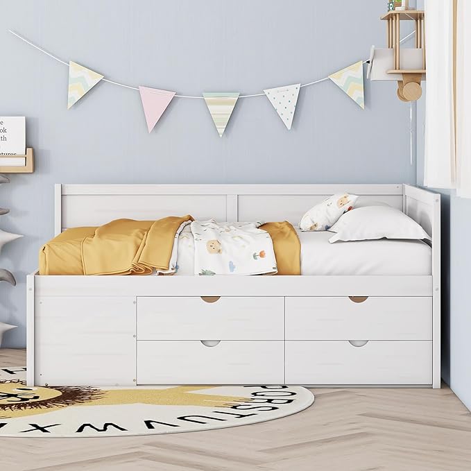 Full Size Daybed with 4 Storage Drawers and Shelves, Wooden Full Platform Bed Frame with L-Shaped Headboard and Slats Support, Corner Bed Full Captain Beds for Kids Boys Girls Teens, White
