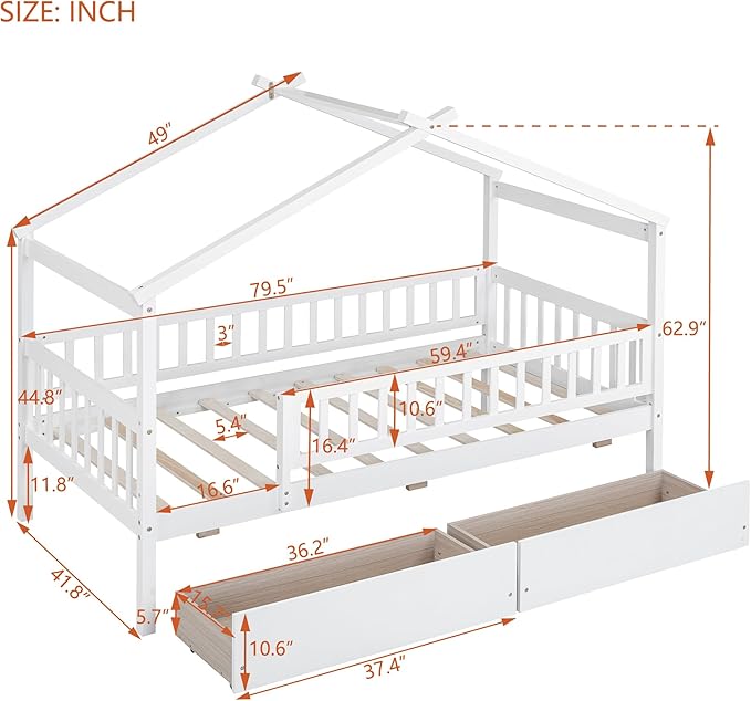 Merax Twin Size Wooden House Bed with Two Drawers, Wood Bed Frame with Roof and Safety Guardrail for Kids, Teens, Boys or Girls, White