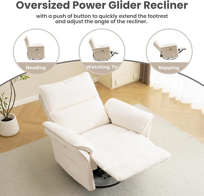Oversized Power Recliner Chair Swivel Glider with Massage and Heat, Rocker Nursery Recliner for Adults with Adjustable Headrest, 26" Extra Wide Nursery Chair with Overstuffed Armrest,White