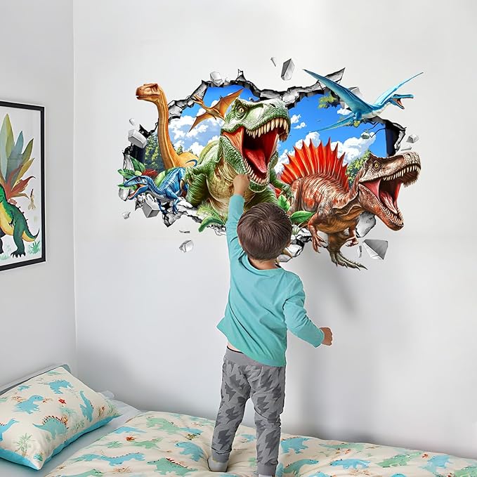 3D Dinosaur Wall Decals, Break Through Dinosaur Park Wall Stickers Peel and Stick Decal Self Adhesive Sticker for Boys Kids Room Home Decor