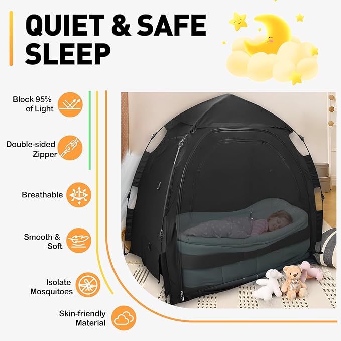 Blackout Tent for Pack N Play, Foldable Travel Sleep Tent for Cribs, Double-Sided Zipper, Breathable Blackout Baby Toddler Bed Canopy Cover, Fan & Monitor Pouch, NOT FIT Full-Size Cribs