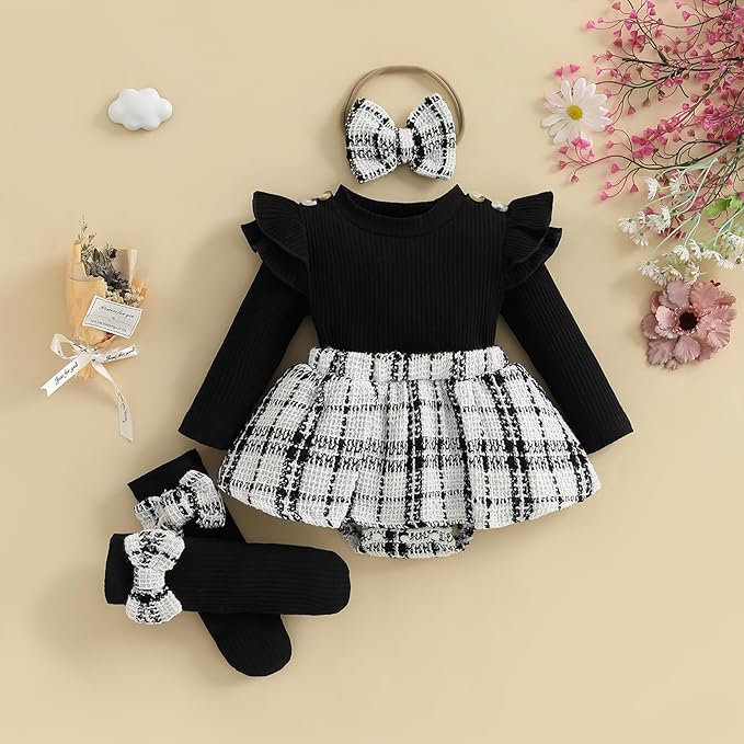 Giraropa Baby Girl Fall Winter Clothes Long Sleeve Romper Dress + Socks + Headband Newborn Infant Cute Casual Outfits
