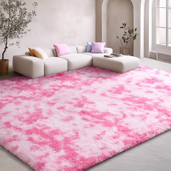EVOIONOS Area Rug for Living Room Bedroom, Washable 5x8 Fluffy Shag Large Rug, Soft Plush Non Slip Carpet for Indoor Floor Bedside Nursery Girls Kids Room Dorm, Home Decor Aesthetic, Tie-Dyed Pink