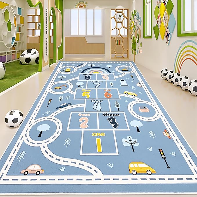 Hopscotch Car Rug 10Ft Extra Large Blue Kids Play Mat Rainbow Classroom Carpet for Children Boys Girls Bedroom Educational Learning Area Rug, Preschool Car Road, 6.6x9.8Ft