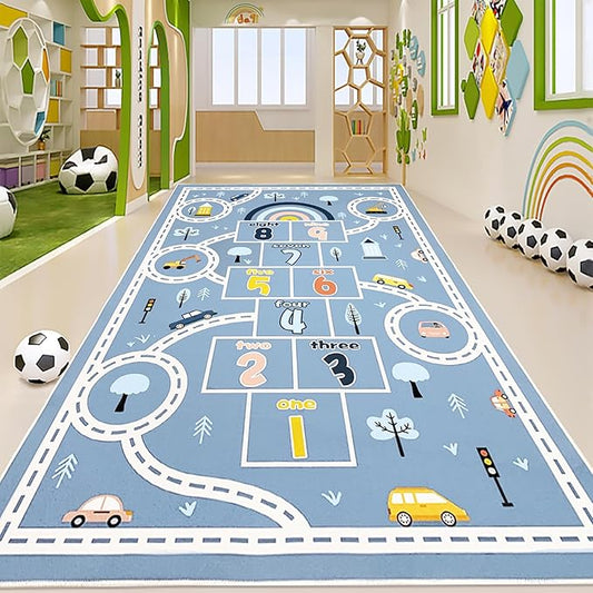 Hopscotch Car Rug 10Ft Extra Large Blue Kids Play Mat Rainbow Classroom Carpet for Children Boys Girls Bedroom Educational Learning Area Rug, Preschool Car Road, 6.6x9.8Ft