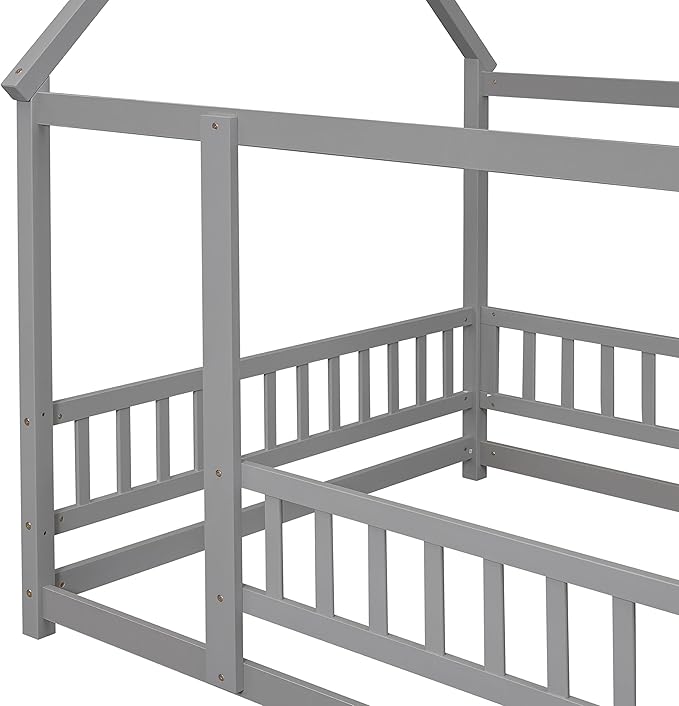Bellemave Full Size House Bed Frame for Kids,Full Floor Bed,Wooden Montessori Floor Bed with Fence and Roof,Full Kids Bed Frame for Girls,Boys,Gray
