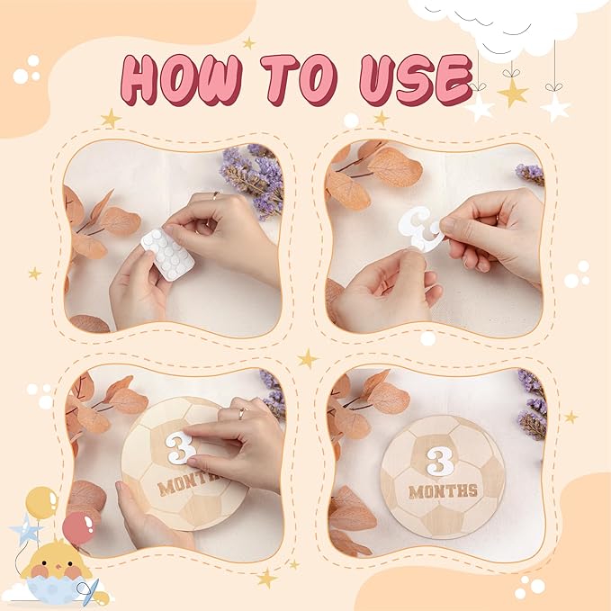 Wooden 3D Baby Monthly Milestone Cards Monthly Milestone Discs Newborn Photography Props Baby Announcement Sign Baby (Soccer)