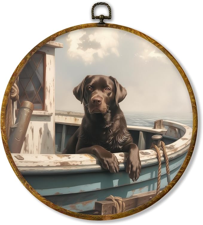 Hiuwevt Nautical Labrador Retriever Round Wall Art Decor, Chocolate Lab Gift Framed Canvas Prints, Coastal Nautical Lab Dog Round Wall Hanging Decor for Home Bedroom Room Decorations, 10x10 Inches