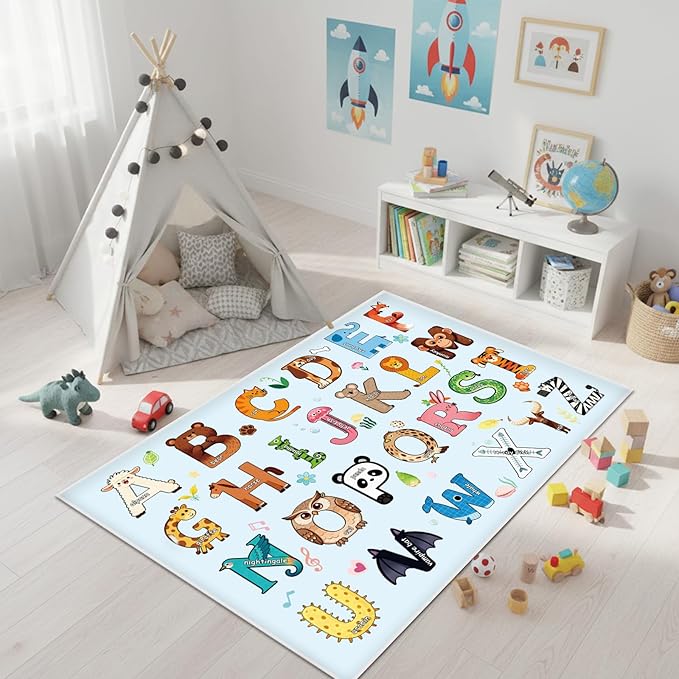 Baby Play Mat, ABC Rug for Kids Playroom, Non Slip Washable Toddler Floor Mat, Alphabet Numbers Colors Weather Learning Classroom Rug for Nursery or Preschool, 5x7 ft