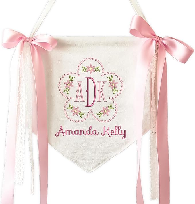 Embroidered Baby Name Sign Personalized Baby Announcement Sign Newborn Baby Banner with Bows Baby Hospital Name Sign Canvas Hanging Pennant Flag Custom Infant Baby Name Baby Shower Banner (06)