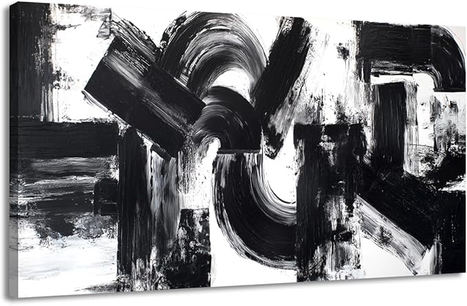 Black White Abstract Wall Art Living Room Decor, Modern Brushstroke Canvas Painting Artwork for Walls, Minimalist Black Geometric Curves & Blocks Pictures for Bedroom Kitchen Office Wall Decoration 28"x58"